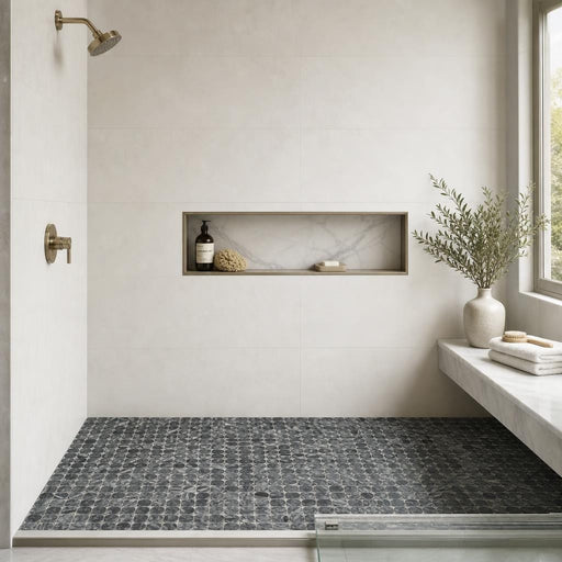 Aphrodite Dark Grain 2x2 Marble Mosaic — Bathroom shower floor