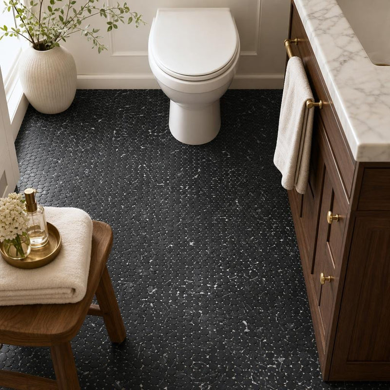 Aphrodite Marquina 2x2 Honed Marble Mosaic — Bathroom floor
