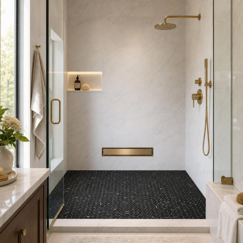 Aphrodite Marquina 2x2 Honed Marble Mosaic — Bathroom shower floor