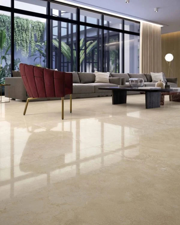 Appia Cross Cut Beige 24x48 Polished Travertine Look Porcelain Tile