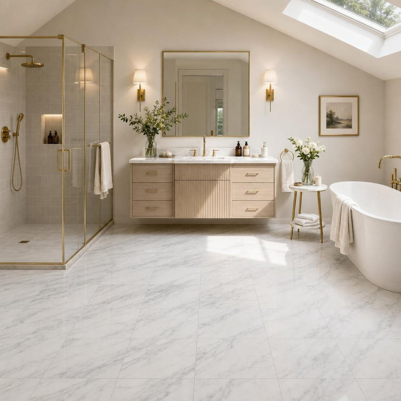 Arabescato Carrara 12x12 Honed Marble Tile — Bathroom floor