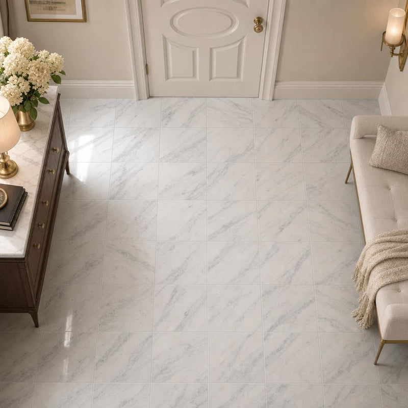 Arabescato Carrara 12x12 Honed Marble Tile — Hallway floor