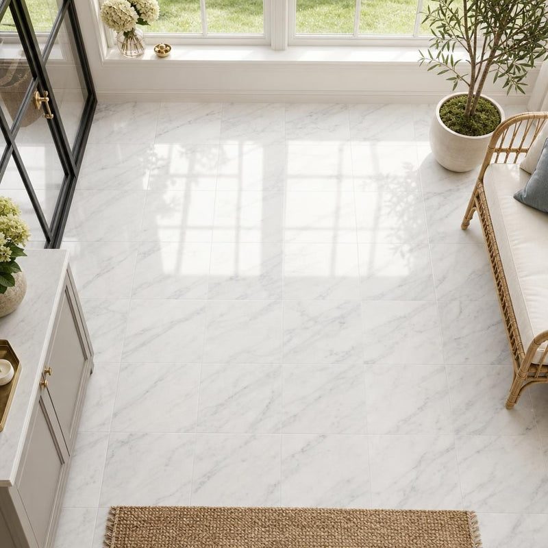 Arabescato Carrara 12x12 Honed Marble Tile — Sunroom floor