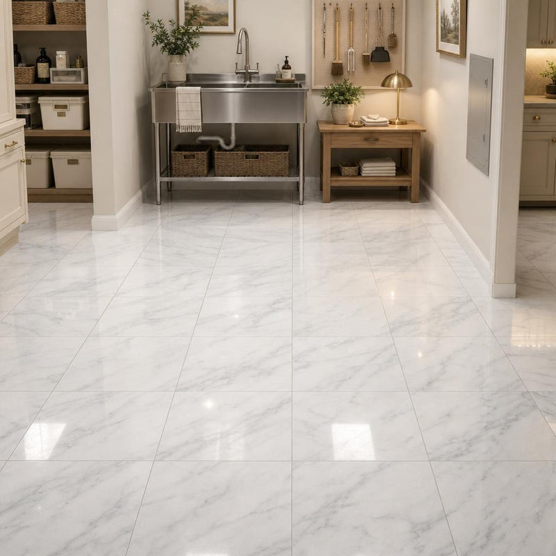 Arabescato Carrara 12x12 Polished Marble Tile — Basement floor
