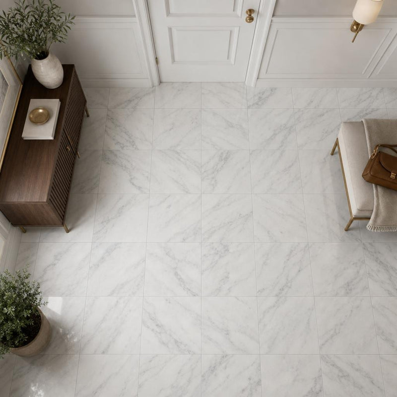 Arabescato Carrara 12x12 Polished Marble Tile — Hallway floor