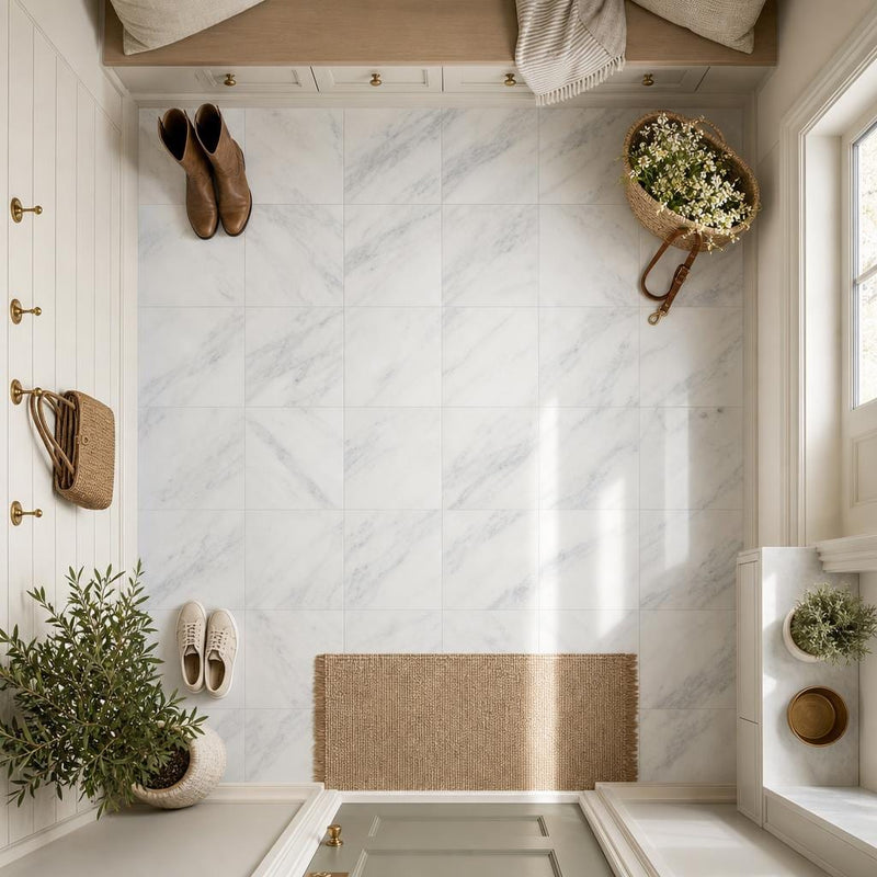 Arabescato Carrara 12x12 Polished Marble Tile — Mudroom floor