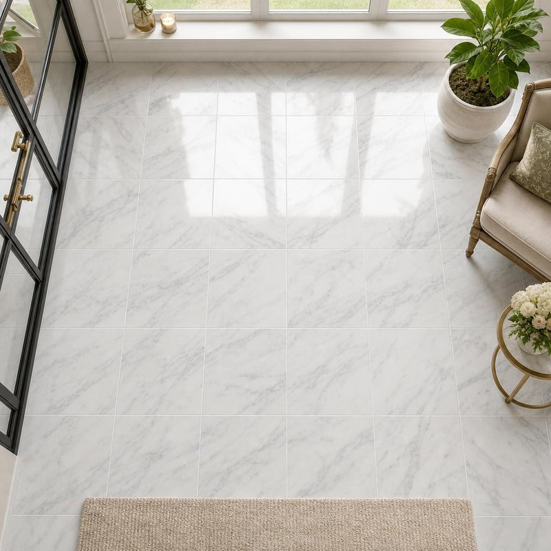 Arabescato Carrara 12x12 Polished Marble Tile — Sunroom floor