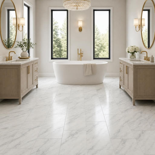 Arabescato Carrara 12x24 Honed Marble Tile — Bathroom floor