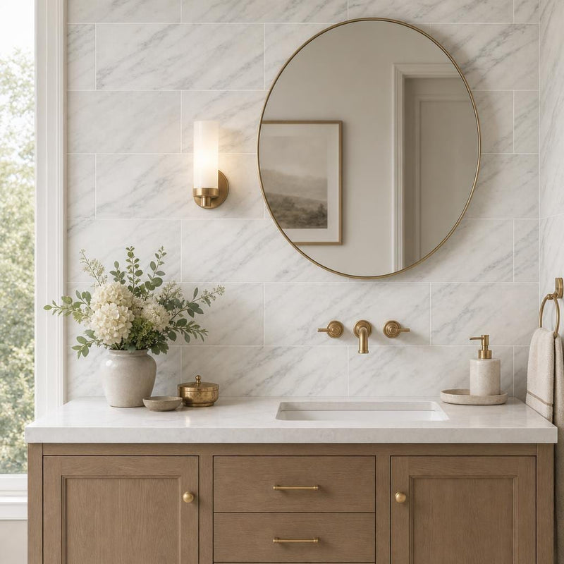 Arabescato Carrara 12x24 Honed Marble Tile — Bathroom vanity wall
