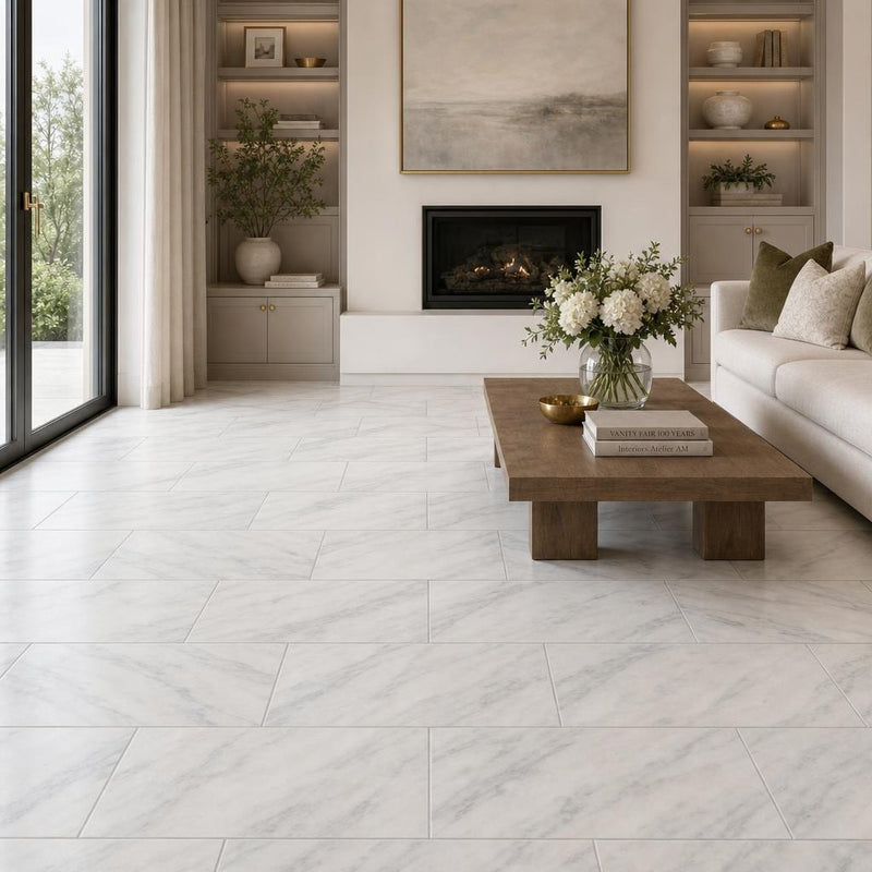 Arabescato Carrara 12x24 Honed Marble Tile — Living Room floor