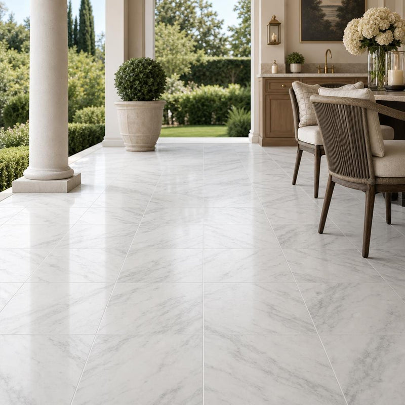 Arabescato Carrara 18x18 Honed Marble Tile — Covered Patio floor