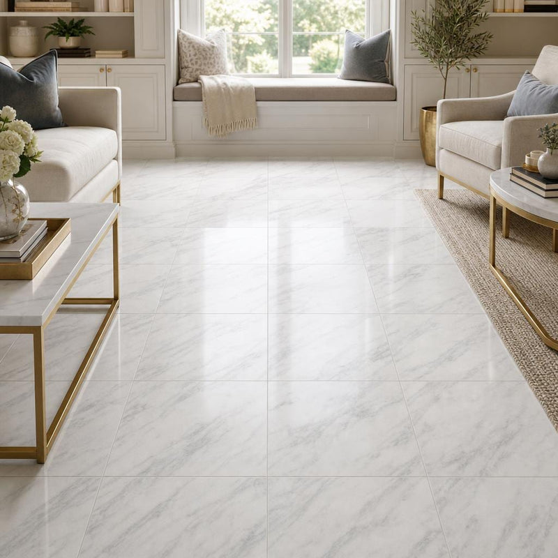 Arabescato Carrara 18x18 Honed Marble Tile — Family Room floor