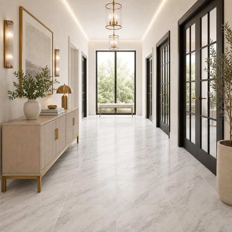 Arabescato Carrara 18x18 Honed Marble Tile — Hallway floor