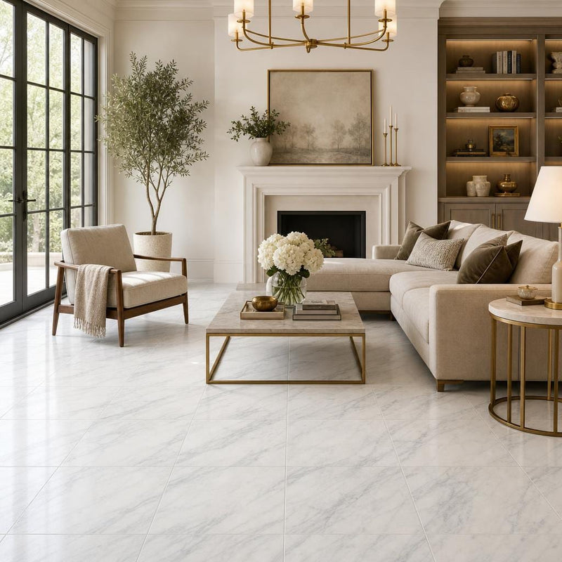 Arabescato Carrara 18x18 Honed Marble Tile — Living Room floor
