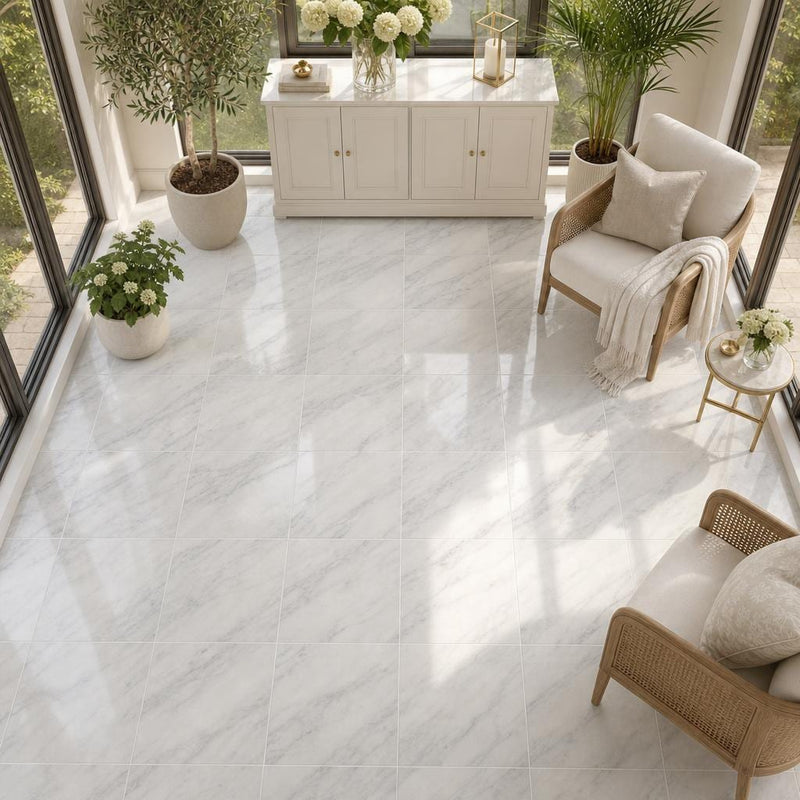 Arabescato Carrara 18x18 Polished Marble Tile — Sunroom floor