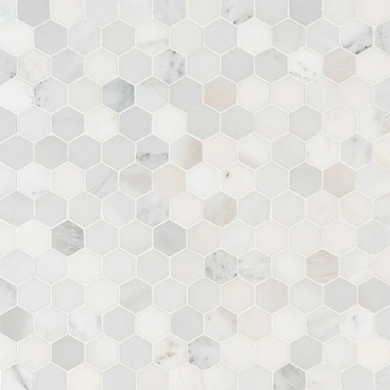 Arabescato Carrara 2" Hexagon Honed Pattern Marble Mosaic Tile