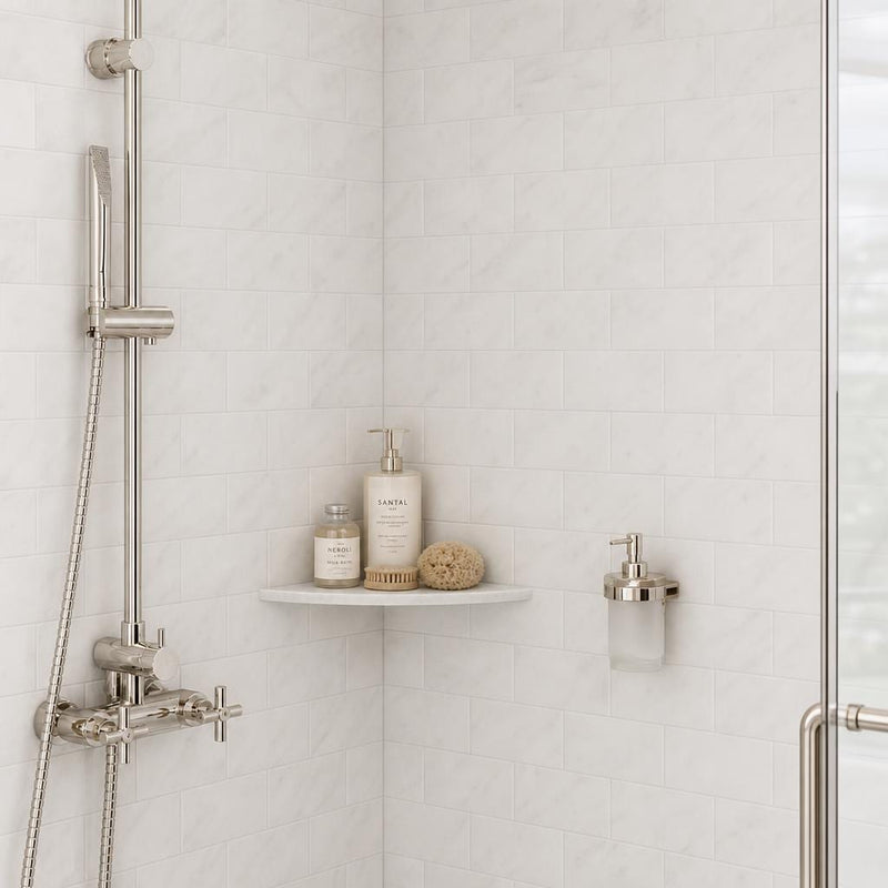 Arabescato Carrara 3x6 Honed Marble Tile — Bathroom shower wall