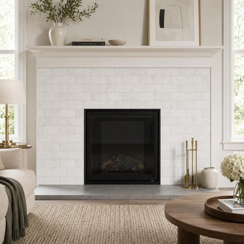 Arabescato Carrara 3x6 Honed Marble Tile — Living Room fireplace surround
