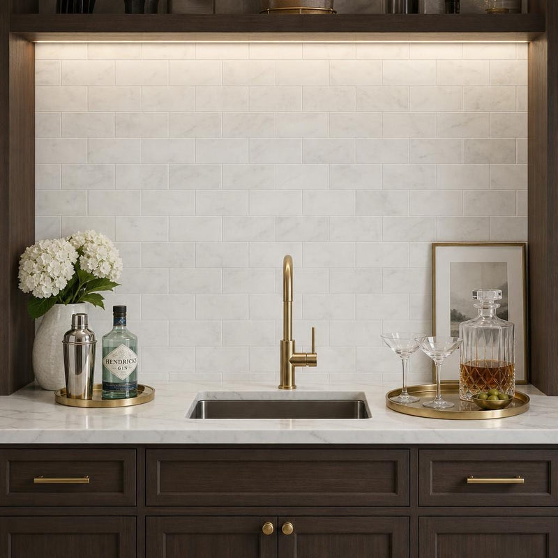 Arabescato Carrara 3x6 Honed Marble Tile — Wet Bar backsplash