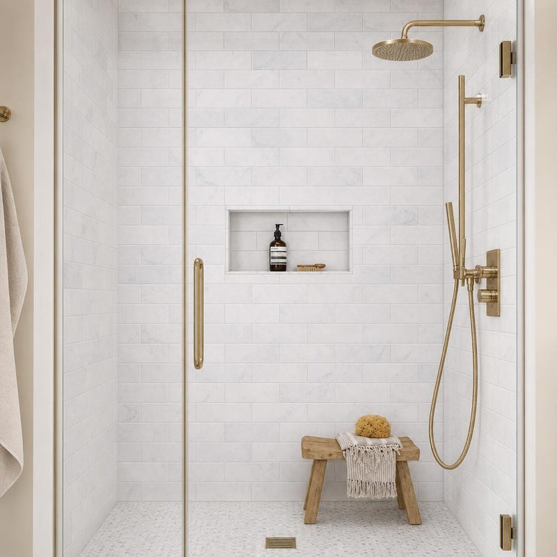 Arabescato Carrara 4x12 Honed and Beveled Marble Tile — Bathroom shower wall