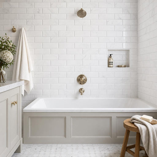 Arabescato Carrara 4x12 Honed and Beveled Marble Tile — Bathroom tub surround