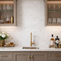 Arabescato Carrara 4x12 Honed and Beveled Marble Tile — Wet Bar backsplash