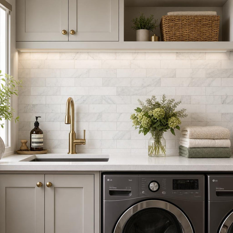 Arabescato Carrara 4x12 Honed Marble Tile — Laundry Room backsplash