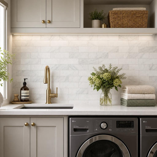 Arabescato Carrara 4x12 Honed Marble Tile — Laundry Room backsplash
