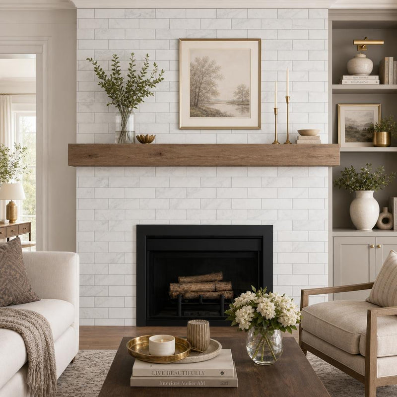 Arabescato Carrara 4x12 Honed Marble Tile — Living Room fireplace surround