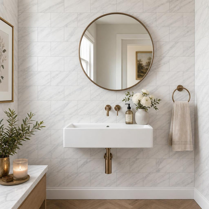 Arabescato Carrara 6x12 Honed Marble Tile — Powder Room wall