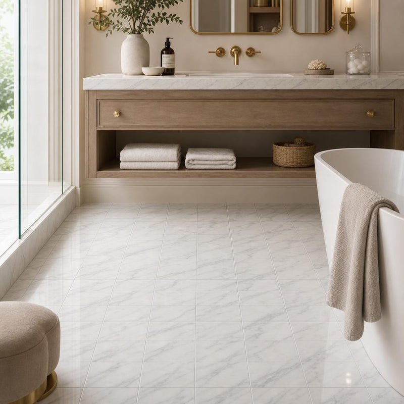 Arabescato Carrara 6x12 Polished Marble Tile — Bathroom floor