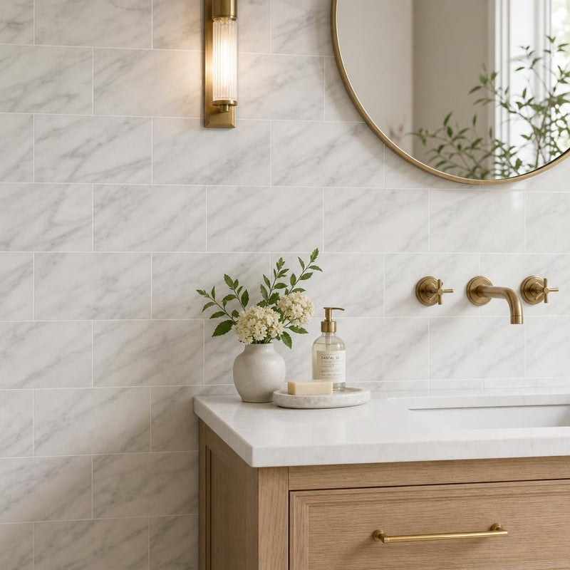 Arabescato Carrara 6x12 Polished Marble Tile — Bathroom wall