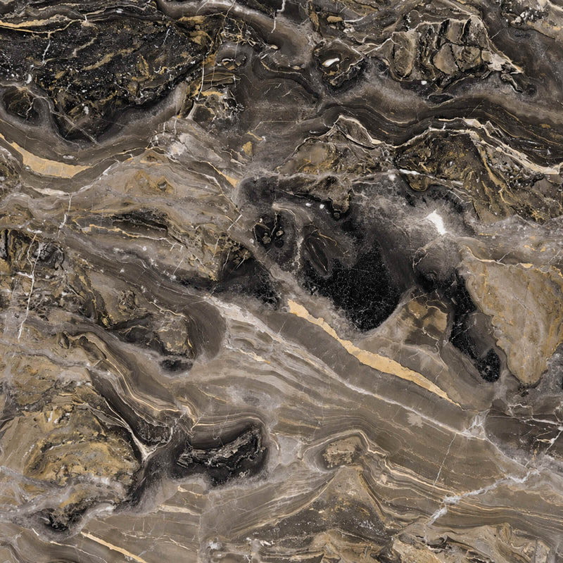 Arabescato Orobico polished marble with dark gray, brown and gold flowing veins.