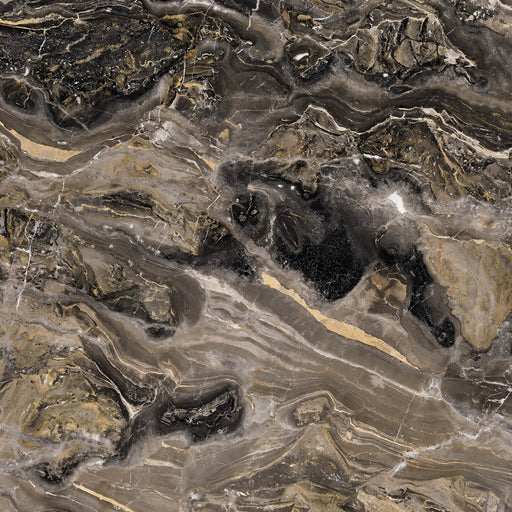 Arabescato Orobico polished marble with dark gray, brown and gold flowing veins.