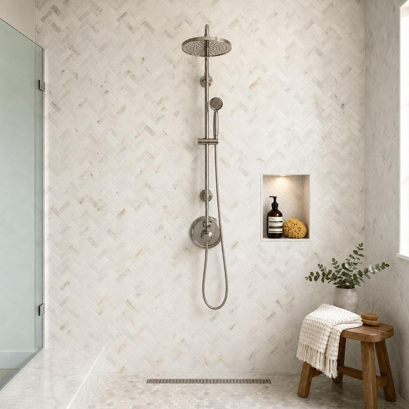 Arabescato Venato White 1x2 Herringbone Honed Marble Mosaic Tile — Bathroom shower wall