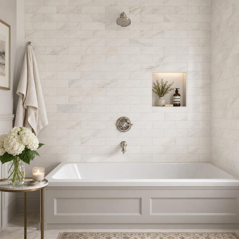 Arabescato Venato White 4x12 Honed Marble Tile — Bathroom tub surround