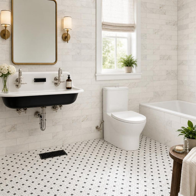 Arabescato Venato White 4x12 Honed Marble Tile — Bathroom wall