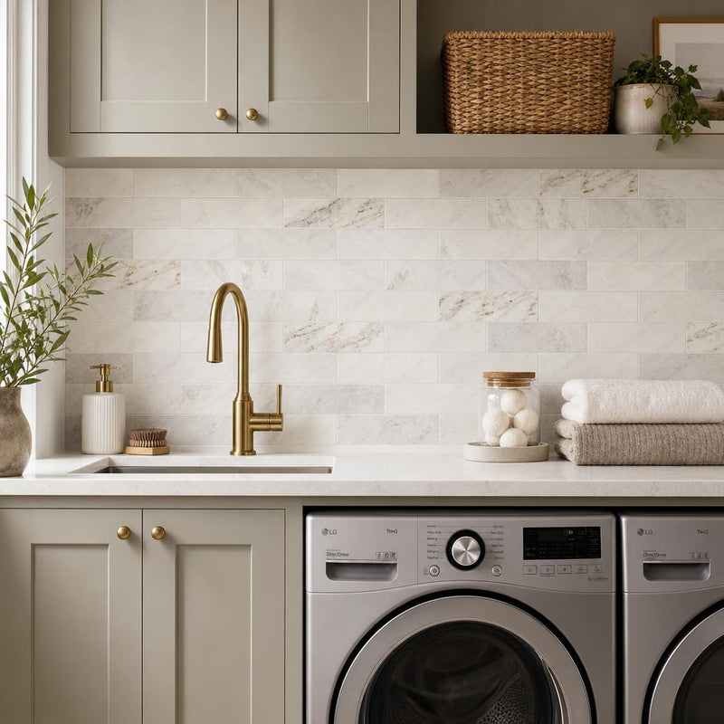 Arabescato Venato White 4x12 Honed Marble Tile — Laundry Room backsplash