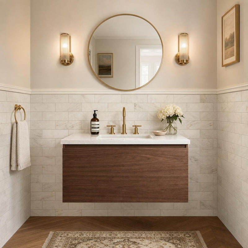 Arabescato Venato White 4x12 Honed Marble Tile — Powder Room wainscot