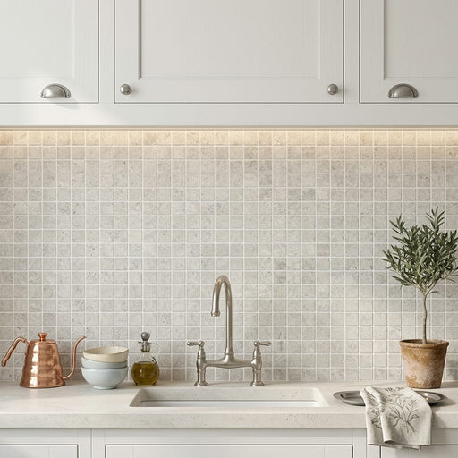 Arctic Gray 1x1 Square Honed Limestone Mosaic — Kitchen backsplash