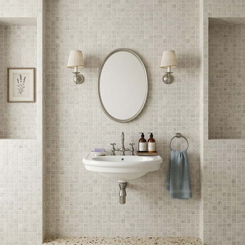 Arctic Gray 1x1 Square Honed Limestone Mosaic — Powder Room wall