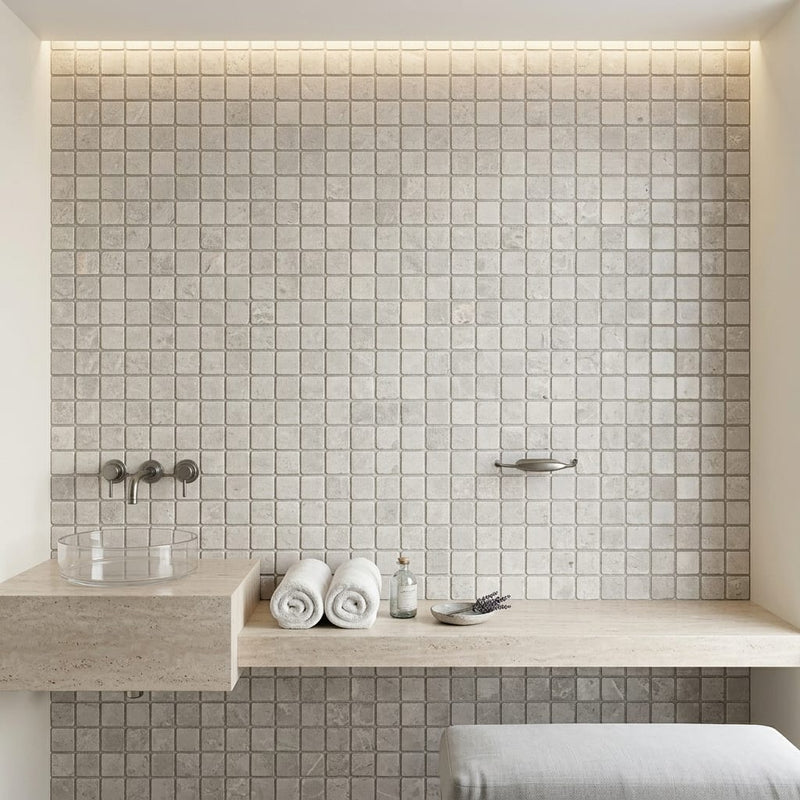 Arctic Gray 1x1 Square Tumbled Limestone Mosaic — Spa spa interior