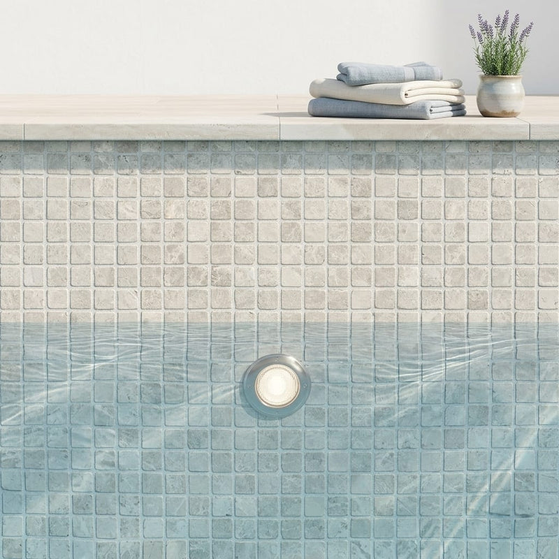 Arctic Gray 1x1 Square Tumbled Limestone Mosaic — Swimming Pool pool interior tiling