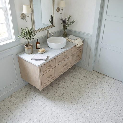 Arctic Gray Basketweave Limestone Mosaic 1x2 — Bathroom floor