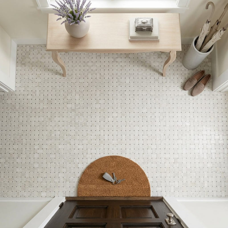 Arctic Gray Basketweave Limestone Mosaic 1x2 — Foyer floor