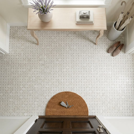 Arctic Gray Basketweave Limestone Mosaic 1x2 — Foyer floor