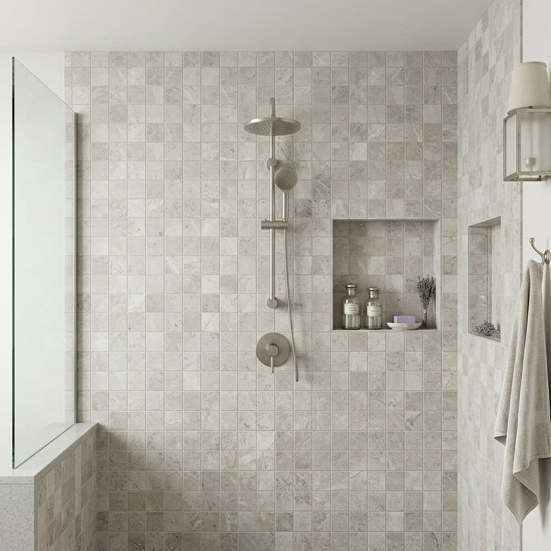 Arctic Gray 2x2 Square Honed Limestone Mosaic — Bathroom shower wall