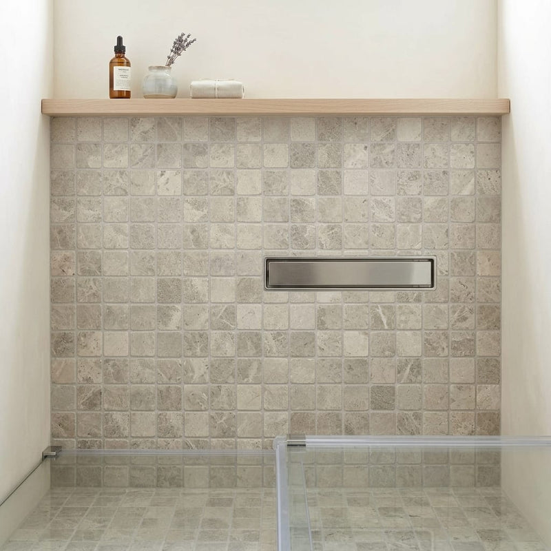 Arctic Gray 2x2 Square Tumbled Limestone Mosaic — Bathroom shower floor