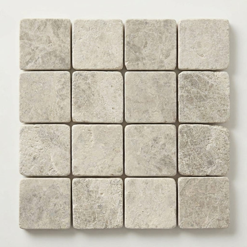 Arctic Gray 2x2 Square Tumbled Limestone Mosaic close-up