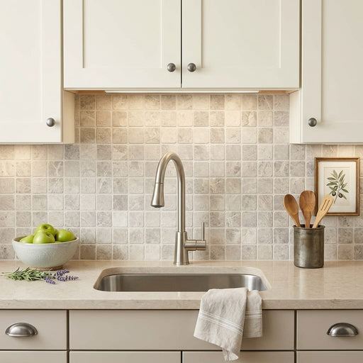 Arctic Gray 2x2 Square Tumbled Limestone Mosaic — Kitchen backsplash